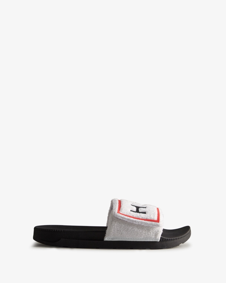 hunter_mens_terry_towelling_logo_adjustable_slides_white_black.jpg Hunter Men's Terry Towelling Logo Adjustable Slides White-Black - Image 1
