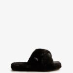 Hunter Women's Faux Fur Flatform Crossover Slide Black
