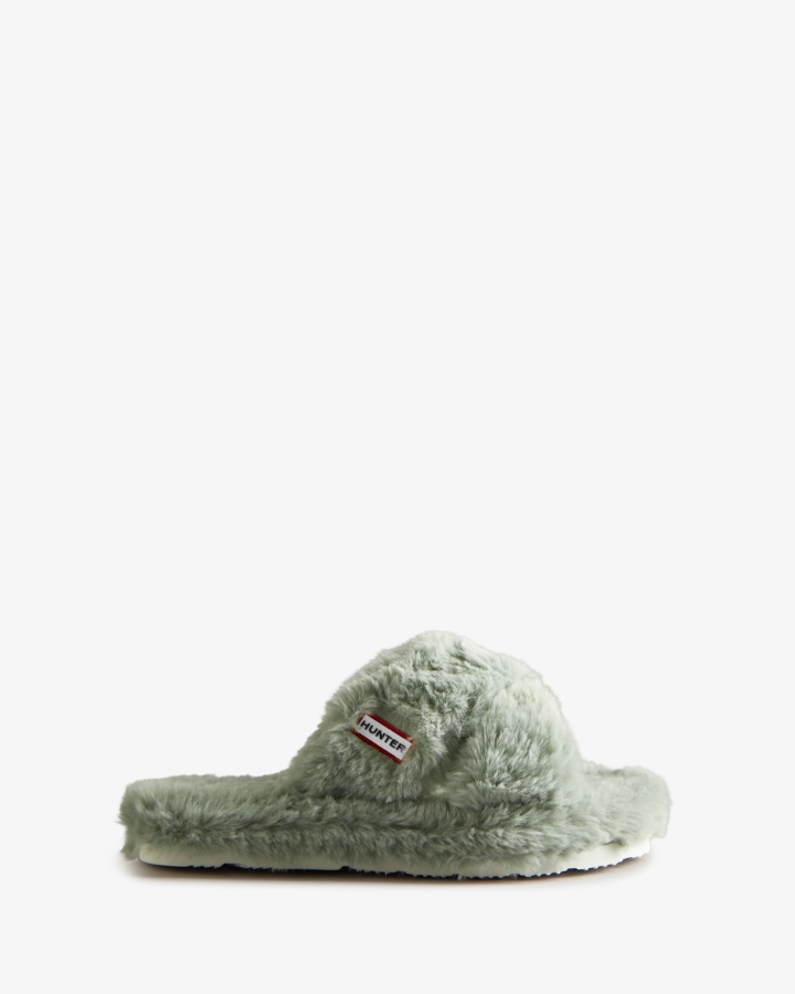 Hunter Women's Faux Fur Flatform Crossover Slide Sweet Gale Green - Image 2