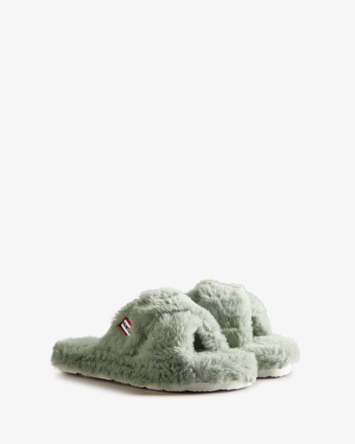 Hunter Women's Faux Fur Flatform Crossover Slide Sweet Gale Green - Image 3