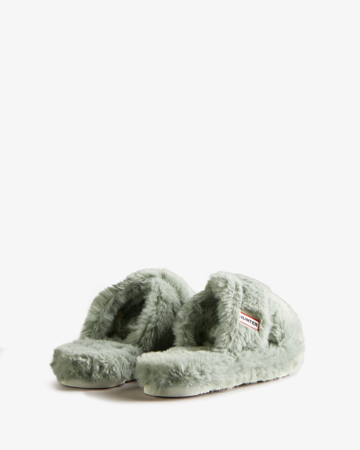 Hunter Women's Faux Fur Flatform Crossover Slide Sweet Gale Green - Image 4