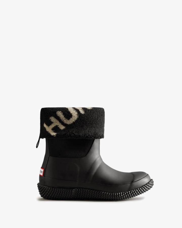 Hunter Women's Insulated Roll Top Logo Vegan Shearling Boots Black-White Willow - Image 2