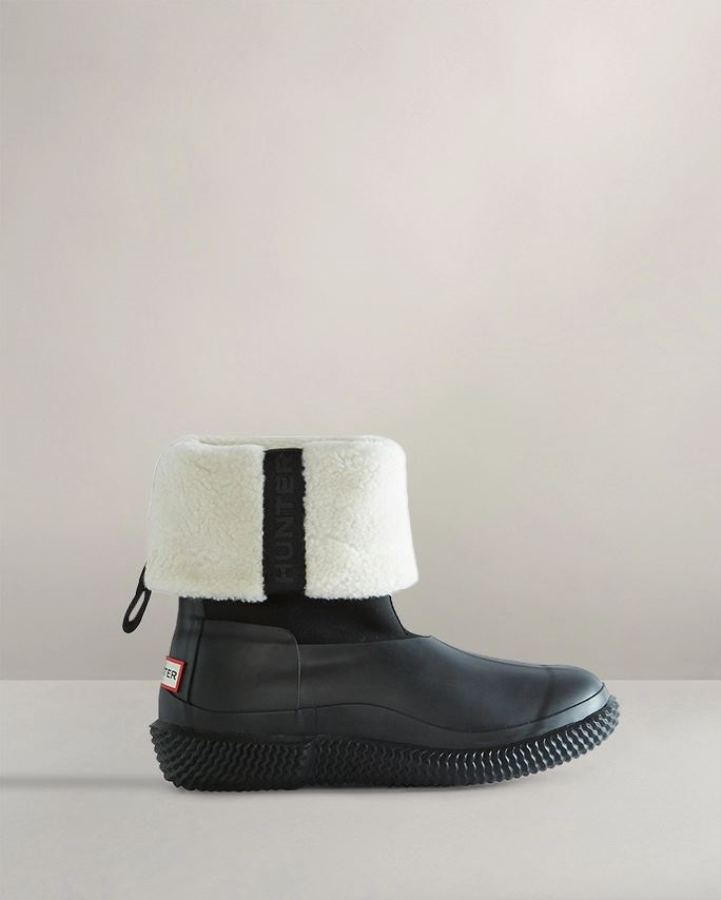 Hunter Women's Insulated Roll Top Webbing Vegan Shearling Boots Black-White Willow - Image 1